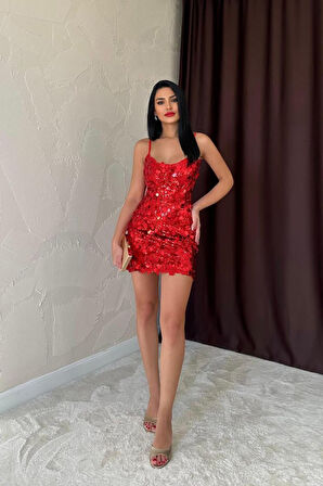 SUPPLİERBY Kırmızı Payetli Askılı Elbise