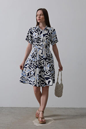 SUPPLİERBY Baskılı Keten Elbise - Lacivert