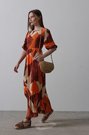 SUPPLİERBY Desenli Balon Kol Kloş Elbise - Kahve