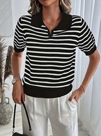SUPPLİERBY Kadın Kısa Kol Polo Yaka çizgi Desen Triko Bluz