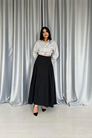 SUPPLİERBY Siyah Yanları Büzgülü Uzun Etek