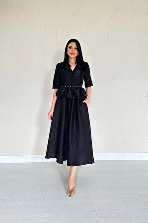 SUPPLİERBY Siyah İnce Kemerli Fırfırlı Ceket Ve Büzgülü Etek Takım