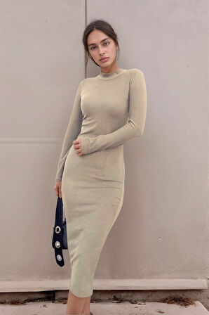 SUPPLİERBY Kadın Yarım Balıkçı Yaka Süet Kumaş Fırsat ürün Midi Boy Elbise