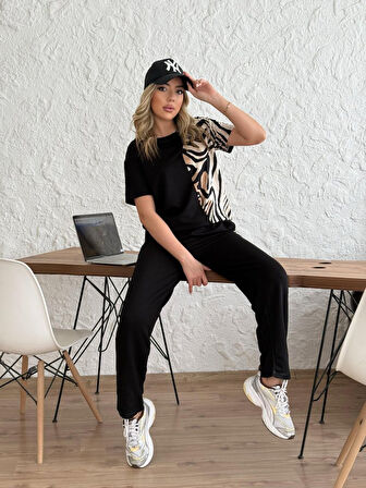 SUPPLİERBY Kadın Bisiklet Yaka Kısa Kol Leopar Desen Bluz Ve Pantolon Ikili Takım