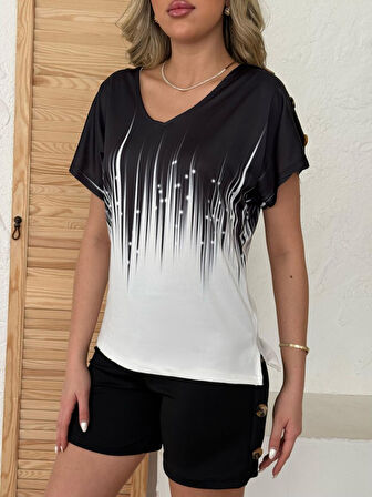 SUPPLİERBY Kadın V Yaka Kısa Kol Kenarları Minik Yırtmaç Detaylı Dalgıç Bluz + Düğme Detaylı Dalgıç şort