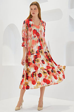 SUPPLİERBY Kiremit Ekru Desenli Kısa Kol Viskon Elbise 1959