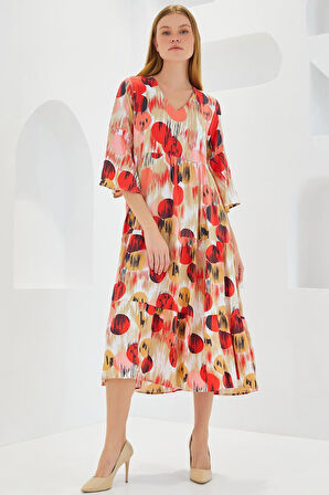 SUPPLİERBY Kiremit Ekru Desenli Kısa Kol Viskon Elbise 1959