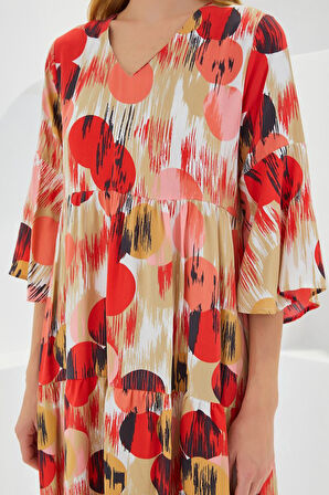 SUPPLİERBY Kiremit Ekru Desenli Kısa Kol Viskon Elbise 1959