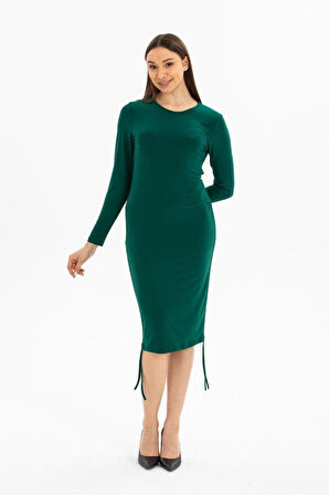 SUPPLİERBY Kadın Uzun Kol Büzgü Detaylı Sandy Kumaş Ayarlanabilir Boy Fırsat Ürün Elbise