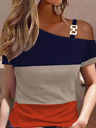 SUPPLİERBY Kadın Kısa Kollu Tek Omuzu Açık Toka Detaylı çok Renkli Viskon Bluz