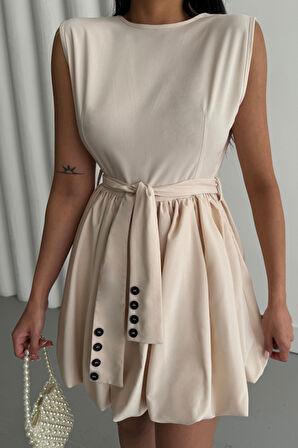 SUPPLİERBY BALON ETEKLİ TASARIM KISA ELBİSE - Bej