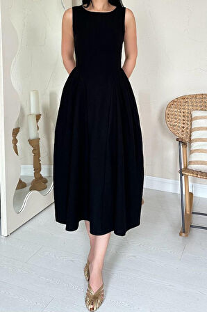 SUPPLİERBY Siyah Yanları Büzgülü Midi Boy Keten Elbise