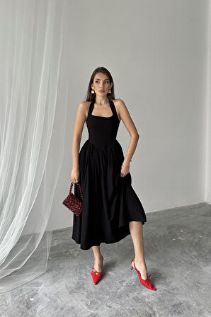 SUPPLİERBY Siyah Boyundan Bağlamalı Keten Elbise