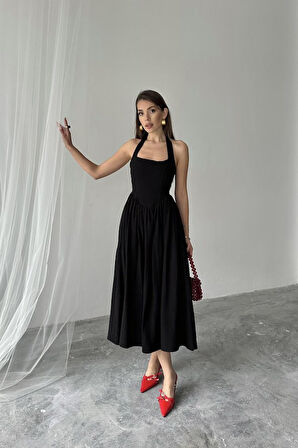 SUPPLİERBY Siyah Boyundan Bağlamalı Keten Elbise