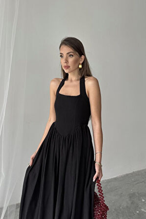 SUPPLİERBY Siyah Boyundan Bağlamalı Keten Elbise