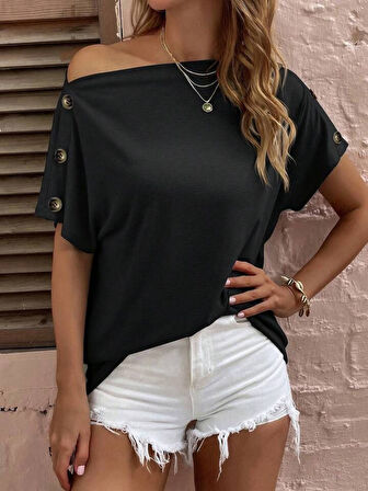 SUPPLİERBY Kadın Tek Omuzu Açık Düğme Detaylı Salaş Viskon Bluz