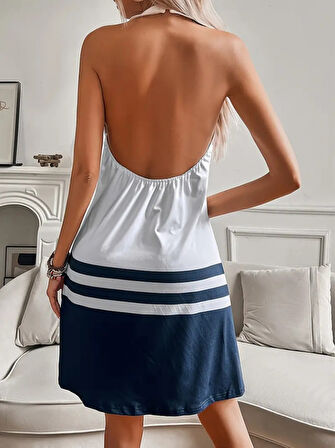 SUPPLİERBY Kadın Askılı çıpa Baskılı Sırtı Açık Kısa Süprem Elbise