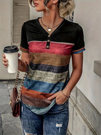 SUPPLİERBY Kadın Kısa Kollu V Yakalı Düğmeli çok Renkli Süprem Bluz