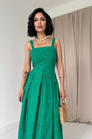 SUPPLİERBY Yeşil Askılı Aparatlı Brode Elbise