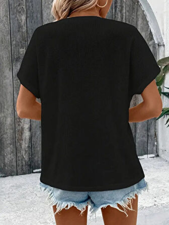 SUPPLİERBY Kadın Kısa Kollu Yakası Açık önden Düğmeli Waffle Bluz