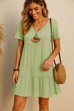 SUPPLİERBY Kadın Kısa Kollu V Yakalı Fırfırlı Bürümcük Elbise