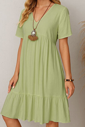 SUPPLİERBY Kadın Kısa Kollu V Yakalı Fırfırlı Bürümcük Elbise
