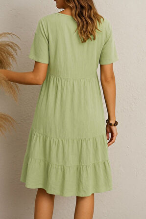 SUPPLİERBY Kadın Kısa Kollu V Yakalı Fırfırlı Bürümcük Elbise