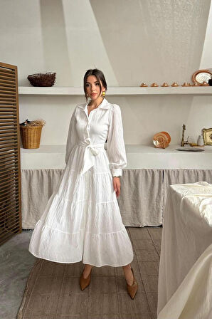 SUPPLİERBY Ekru Çizgi Desenli Uzun Elbise