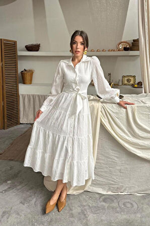 SUPPLİERBY Ekru Çizgi Desenli Uzun Elbise