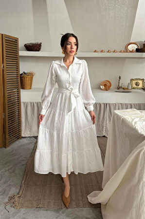 SUPPLİERBY Ekru Çizgi Desenli Uzun Elbise