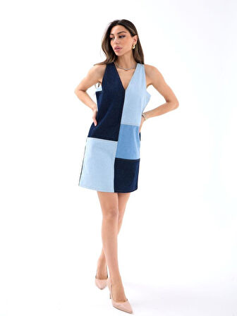 SUPPLİERBY 7385 KOT ELBİSE-MAVİ