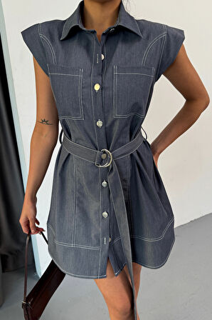 SUPPLİERBY GÖMLEK ELBİSE KOLSUZ TENCEL KUMAŞ - Mavi