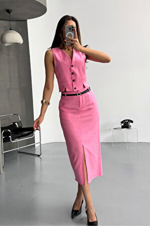 SUPPLİERBY YELEK-ÖNDEN YIRTMAÇLI ETEK TK ŞANTUK KETEN - Pembe