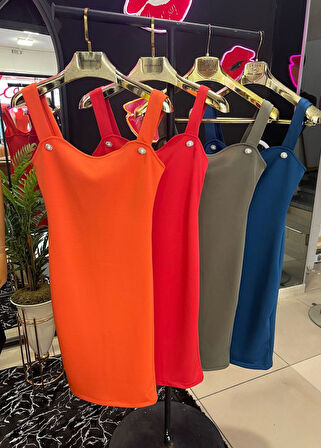 SUPPLİERBY Kadın Dalgıç Kumaş Düğmeli Fermuarlı Askılı Elbise