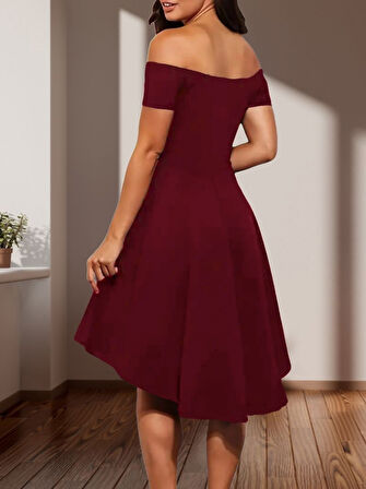 SUPPLİERBY Kadın Kısa Kollu Madonna Yaka önü Kısa Arkası Uzun Ithal Krep Elbise