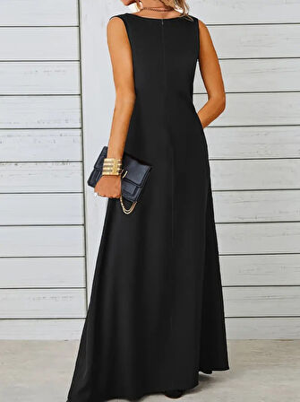 SUPPLİERBY Kadın Kolsuz Kayık Yaka Maksi Janjan Krep Elbise