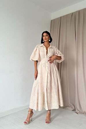 SUPPLİERBY Bej Pileli Balkon Elbise