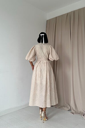 SUPPLİERBY Bej Pileli Balkon Elbise