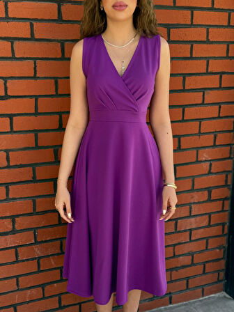 SUPPLİERBY Kadın Ithal Krep Kumaş Kruvaze Yaka Eteği Kloş Kolsuz Midi Elbise