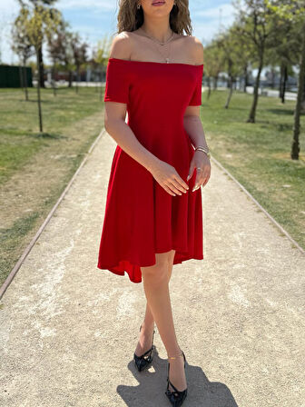 SUPPLİERBY Kadın Kısa Kollu Madonna Yaka önü Kısa Arkası Uzun Ithal Krep Elbise