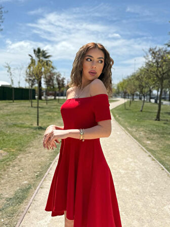 SUPPLİERBY Kadın Kısa Kollu Madonna Yaka önü Kısa Arkası Uzun Ithal Krep Elbise