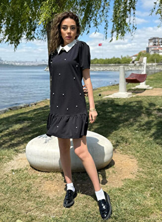 SUPPLİERBY Kadın Kısa Kollu Yakalı Inci Detaylı Kısa Ithal Krep Elbise