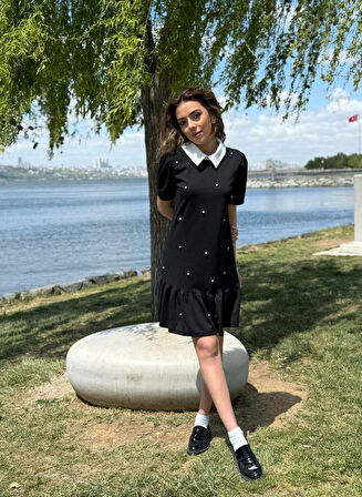 SUPPLİERBY Kadın Kısa Kollu Yakalı Inci Detaylı Kısa Ithal Krep Elbise