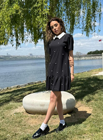 SUPPLİERBY Kadın Kısa Kollu Yakalı Inci Detaylı Kısa Ithal Krep Elbise