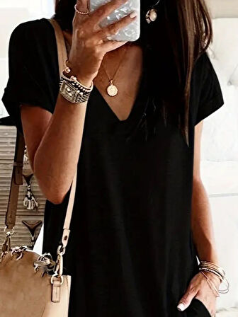 SUPPLİERBY Kadın Kısa Kollu V Yakalı Cepli Kısa Viskon Elbise