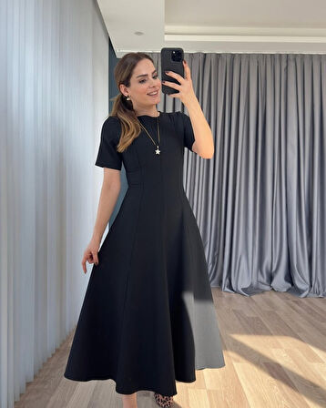 SUPPLİERBY Kadın Kısa Kollu Bisiklet Yaka Maksi Boy Ithal Krep Elbise