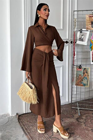 SUPPLİERBY Crop Gömlekli Ve Eteği Büzgülü Tasarım Takım 10195