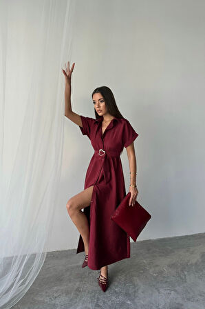 SUPPLİERBY ÖNDEN DÜĞMELİ CRUSHLI MODAL ELBİSE - Bordo
