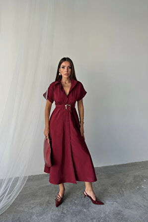 SUPPLİERBY ÖNDEN DÜĞMELİ CRUSHLI MODAL ELBİSE - Bordo