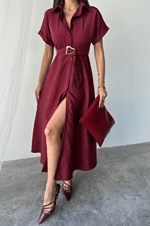 SUPPLİERBY ÖNDEN DÜĞMELİ CRUSHLI MODAL ELBİSE - Bordo